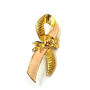 VTG Rose Flower Pink Ribbon Breast Cancer Awareness Gold Tone Enamel Pin Avon